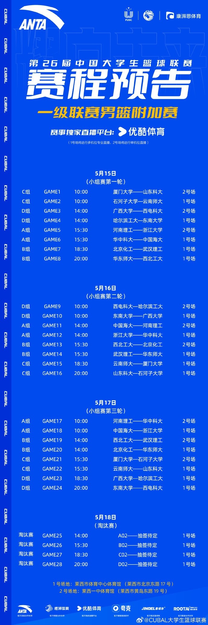 CUBAL附加赛将在5月15日-18日举办 16支球队争夺8个全国大赛名额