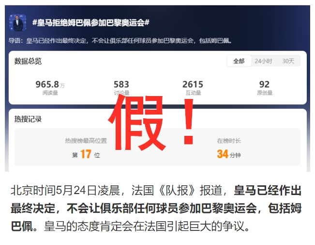 “皇马最终决定不放姆巴佩去奥运”上热搜❓假❗法媒无相关报道❌